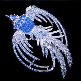 Flying Peacock Bird Brooch Pin w Blue Swarovski Crystal  