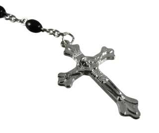 Rosary Necklace W/ Black Oval Beads Crucifix  