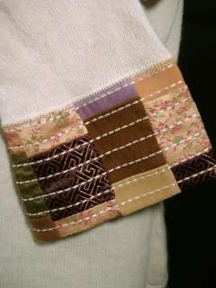 Jill L Cream V neck Patchwork Trim Wool Blend Sweater Knit Top 