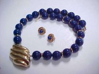 Vntg AVON Lapis Blue Bead Gold Tone Necklace & Earrings  