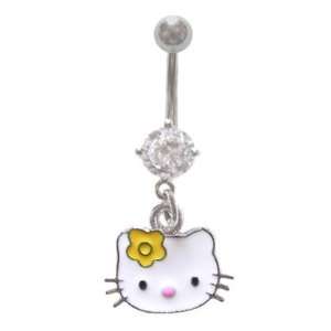  Kitty Head Face w/ Yellow Flower dangle Belly navel Ring piercing 