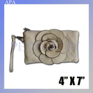 NEW Beige Rose Flower Leather Handy Wristlet b242  