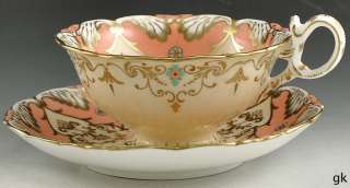 Beautiful English Hand Painted Jeweled Peach Gilded Coalport Teacup 
