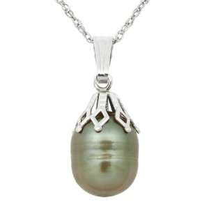   9mm, Circled Green Pearl Drop Pendant with Sterling Silver Ornate Cap