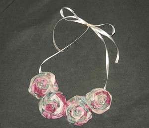 Rolled Fabric Rose Bib Statement Necklace   Cabbage Roses  