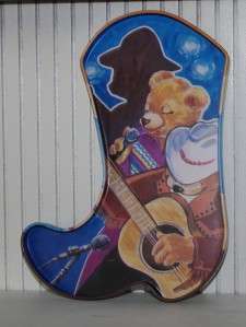 LOOK INSIDE Square Dance Hoedown Bears Cowboy Boot Tin Box Conatinaer 
