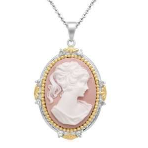   Sterling Silver Created White Sapphire and Pink Cameo Pendant Jewelry
