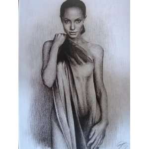 com Angelina Jolie Sketch Portrait, Charcoal Graphite Pencil Drawing 