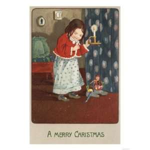  A Merry Christmas   Girl Holding a Candlestick Premium 
