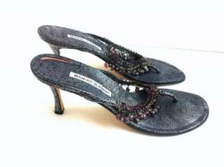 Manolo Blahnik Size 41/11 Dark Purple Beaded Slingback Sandals  