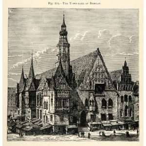  1882 Wood Engraving Town Hall Wroclaw Breslau Architecture 