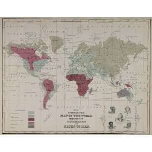  1867 Map World Ethnic Groups Peoples Human Race Atwood 