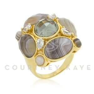  14k Gold Cluster Cocktail Ring with Agate Stones and Clear 