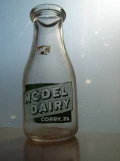 Vintage Green Pyro Milk Bottle MODEL DAIRY CORRY PA  