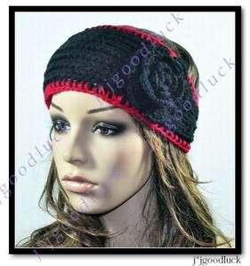   Handmade Knit Head Wrap Headband Crochet Flower 2 color Black  