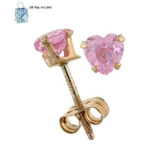  14K Yellow Gold Childrens Heart Pink CZ Earrings Jewelry