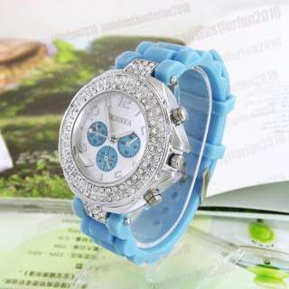 Blue Gel Silicone Watch Lady Women Crystal Quartz Jelly Wrist Watch 