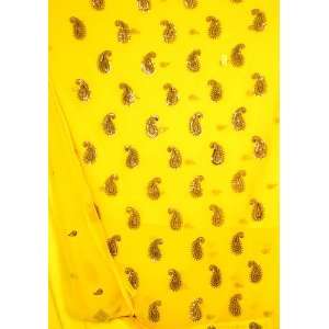  Yellow Salwar Kameez Fabric with Embroidered Paisleys and 