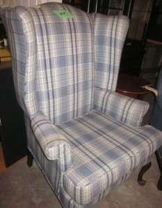 Wing Back Chair in Blue Plaid  