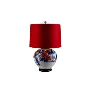 Hand Painted Porcelain Round Floral Jar Lamp With Chinese Calligraphy 