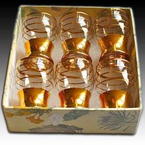 VINTAGE SET OF 6 GOLD BASE GILT RINGED SHOT GLASSES   RETRO  