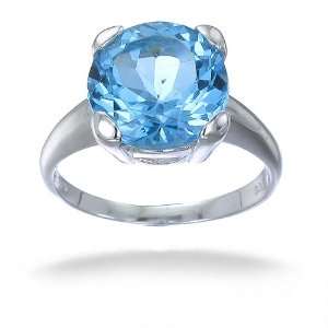 Round Natural Swiss Blue Topaz Ring In Sterling Silver 3.50 CT In Size 