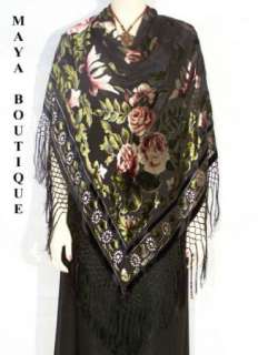Piano Shawl Wrap Scarf Silk Burnout Velvet Floral Black  