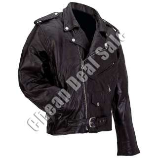Mens Motorcycle Jacket Plain Black Buffalo Leather Biker Coat S Small 