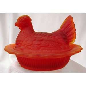 MOSSER GLASS RED SATIN 5 Covered Hen on NEST Wide Rim:  
