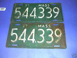 1937 Massachusetts License Plates Matched Pair  