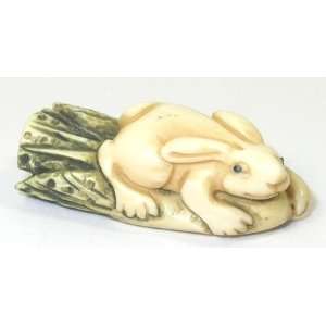 Bunny on Lettuce ~ Mini Mammoth Ivory Netsuke 