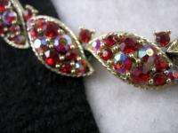 Vintage LISNER Red & Aurora Borealis Rhinestone Cast Leaf Necklace 