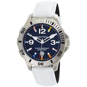 NEW NAUTICA BLUE DIAL WHITE LEATHER STRAP WATCH N12568G  