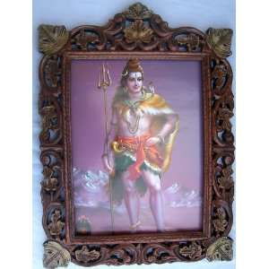 Hindu Lord Shiva standing in Himalayas Poster painting in wood crafts 