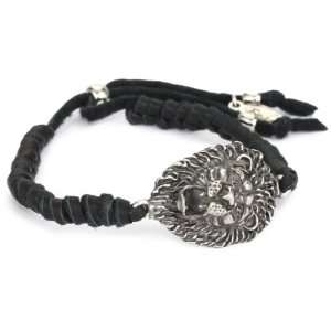   Mens Black Adjustable Leather Bracelet Silver Lionhead Charm: Jewelry