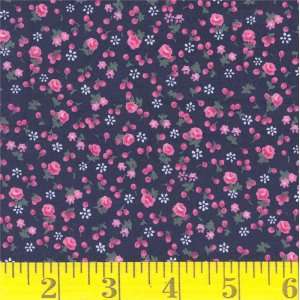  45 Wide Cotton Lawn Tiny Bourbon Rose Navy Fabric By The 