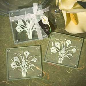  Coaster Favors Set of 2, Calla Lily Bouquet Design Glass 