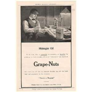  1908 Postum Grape Nuts Cereal Man Midnight Oil Print Ad 