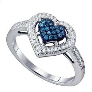 Stunning 10k. White Gold Blue and White Diamond Heart Shaped Ring 