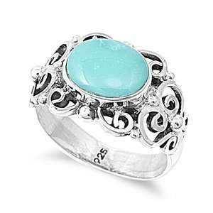Antique 925 Sterling Silver Filigree Ring with Genuine Turquoise Stone 