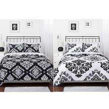 QUEEN Black White Teen DAMASK Comforter Bedding Set