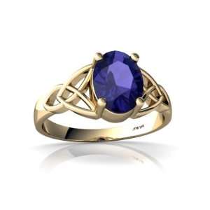  14K Yellow Gold Oval Created Sapphire Celtic Trinity Ring 