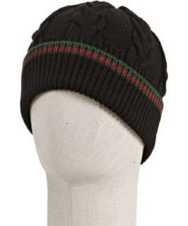 Gucci black cable knit wool web stripe trim hat   