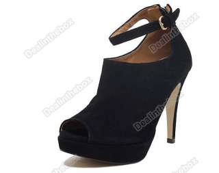   Platform Pumps High Heels Ankle Boots Shoes Black Faux Suede Lace Up