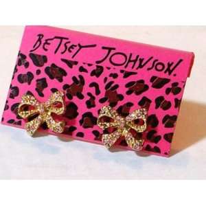 BETSEY JOHNSON Pink Crystal Golden Bows Stud Earrings