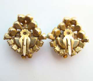   Exquisite Rhinestone Earrings Amber Green Art Glass Clip Unsigned