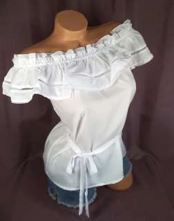 White on off shoulders ruffle S M L blouse top belt silky flowy 