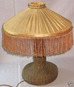 ANTIQUE ORIGINAL NATURAL WICKER TABLE LAMP FABRIC SHADE  