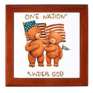 Keepsake Box Mahogany One Nation Under God Teddy Bears with US Flag