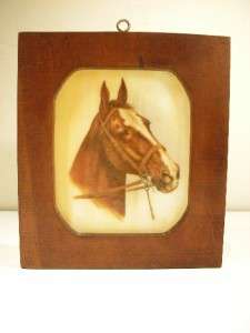 VTG STAINED GLASS PORTRAIT HORSE PAINTING WOOD FRAME  